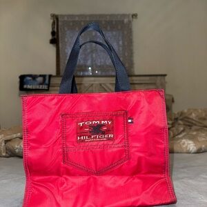 Tommy Hilfiger Red Nylon Tote with Navy Handles